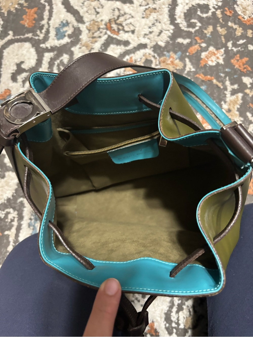 Salvatore Ferragamo Olive and Teal Leather Bucket Shoulder Bag - Picture 4 of 6